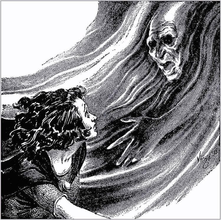 Virgil Finlay for Weird Tales 's visual Art Virgil Finlay, Hellsgarde (Jirel of Joiry) by C.L. Moore, Weird Tales 39-04, p.37. Caption: While the wild challenge still echoed on her lips, a ravenous mouth came storming down to silence hers.