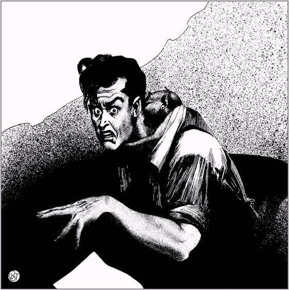 Virgil Finlay for Weird Tales 's visual Art Virgil Finlay, The Mannikin by Robert Bloch, Weird Tales 37-04. Caption: That little monster had climbed a trifle higher.