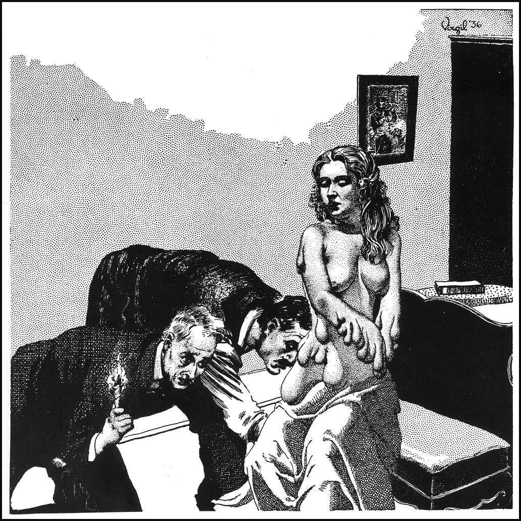 Virgil Finlay for Weird Tales 's visual Art Virgil Finlay, The Crawling Horror by Thorp McClusky, Weird Tales 36-11. Caption: It reared up, as a fountain might gush up. It put forth arms, developed breasts.