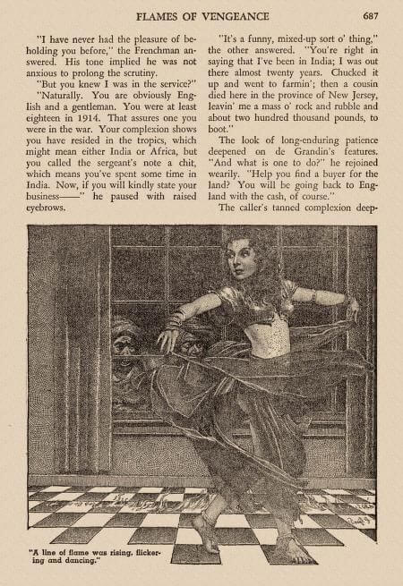 Virgil Finlay for Weird Tales 's visual Art IMO this is better than my b&w version. Virgil Finlay, Flames of Vengeance (Jules de Grandin) by Seabury Quinn, Weird Tales 37-12.