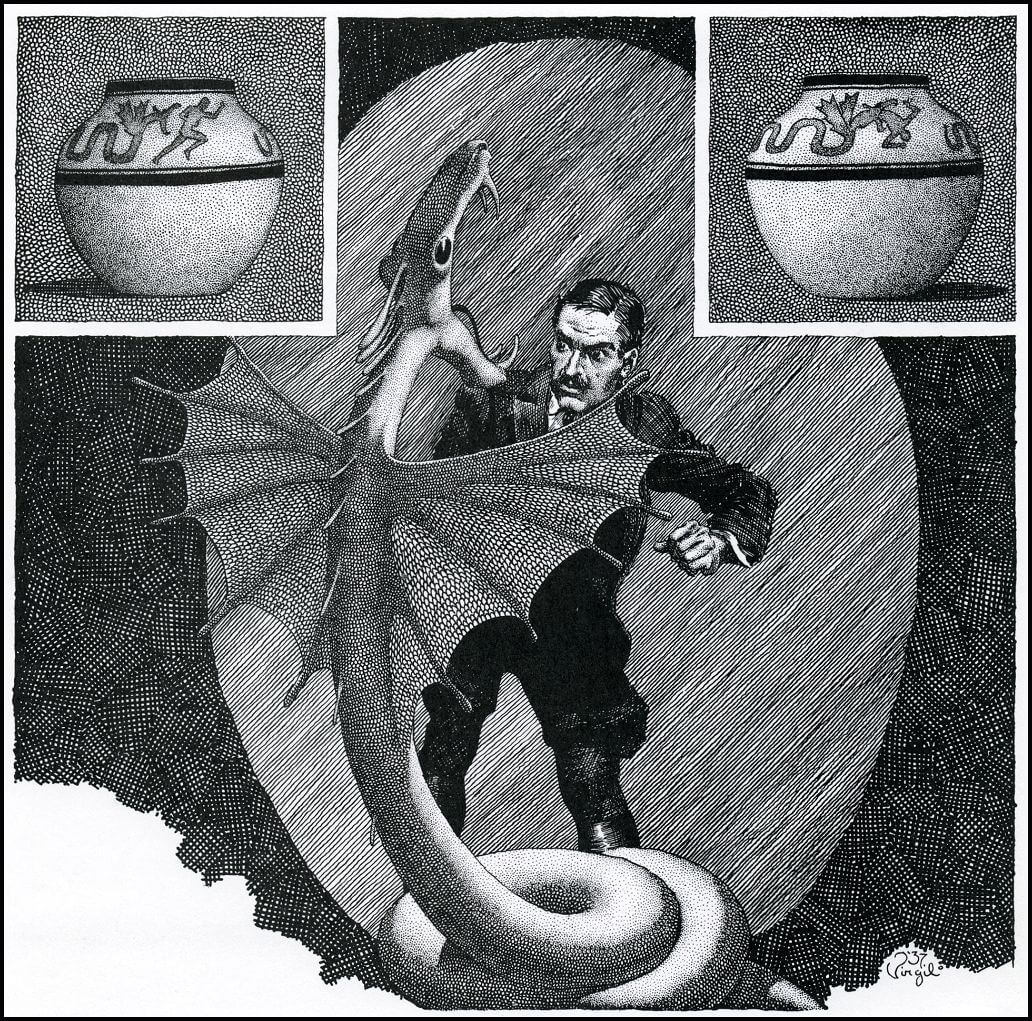 Virgil Finlay for Weird Tales 's visual Art Virgil Finlay, The Ho-Ho-Kam Horror by Bruce Bryan, Weird Tales 37-09. Caption: It was a serpent, and a colossal one.