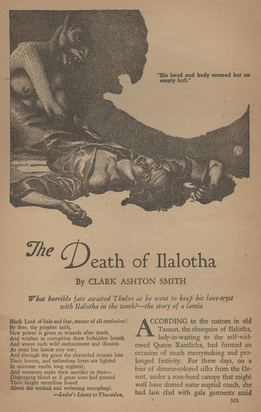 Virgil Finlay for Weird Tales 's visual Art Virgil Finlay, The Death of Ilalotha by Clark Ashton Smith, Weird Tales 37-09.