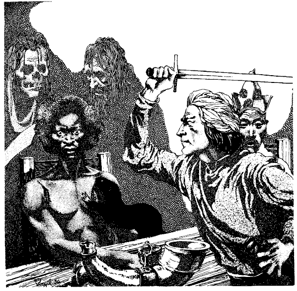 Virgil Finlay for Weird Tales 's visual Art Virgil Finlay, Necromancy in Naat (Zothique) by Clark Ashton Smith, Weird Tales 36-07, P.3. Caption: The man altered not in his chair, but his eyes still widened, slowly, with a horrible glaring.