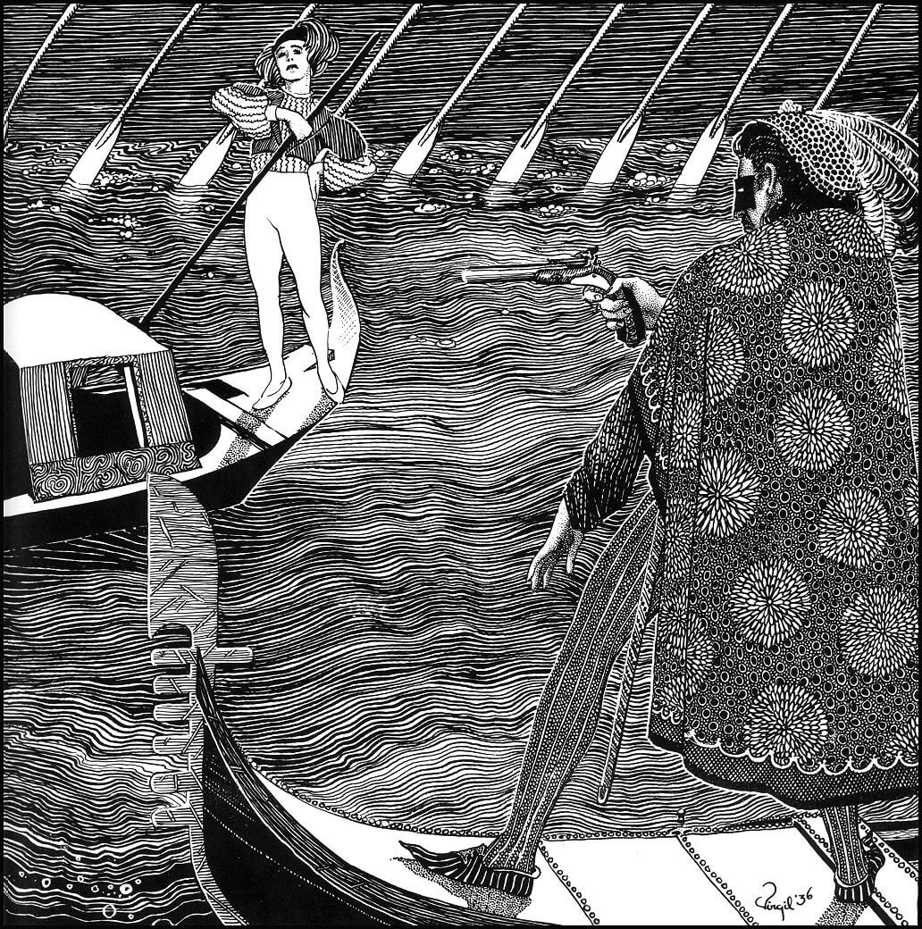 Virgil Finlay for Weird Tales 's visual Art Virgil Finlay, Son of Satan by Arlton Eadie, Weird Tales 36-04. Caption: He looked carefully to the priming in the pan.