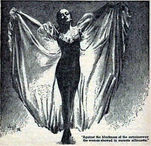 Virgil Finlay for Weird Tales 's visual Art Virgil Finlay, Fortune's Fools by Seabury Quinn, Weird Tales 38-07, P.15. Caption: Against the blackness of the entranceway the woman showed in aureate silhouette.