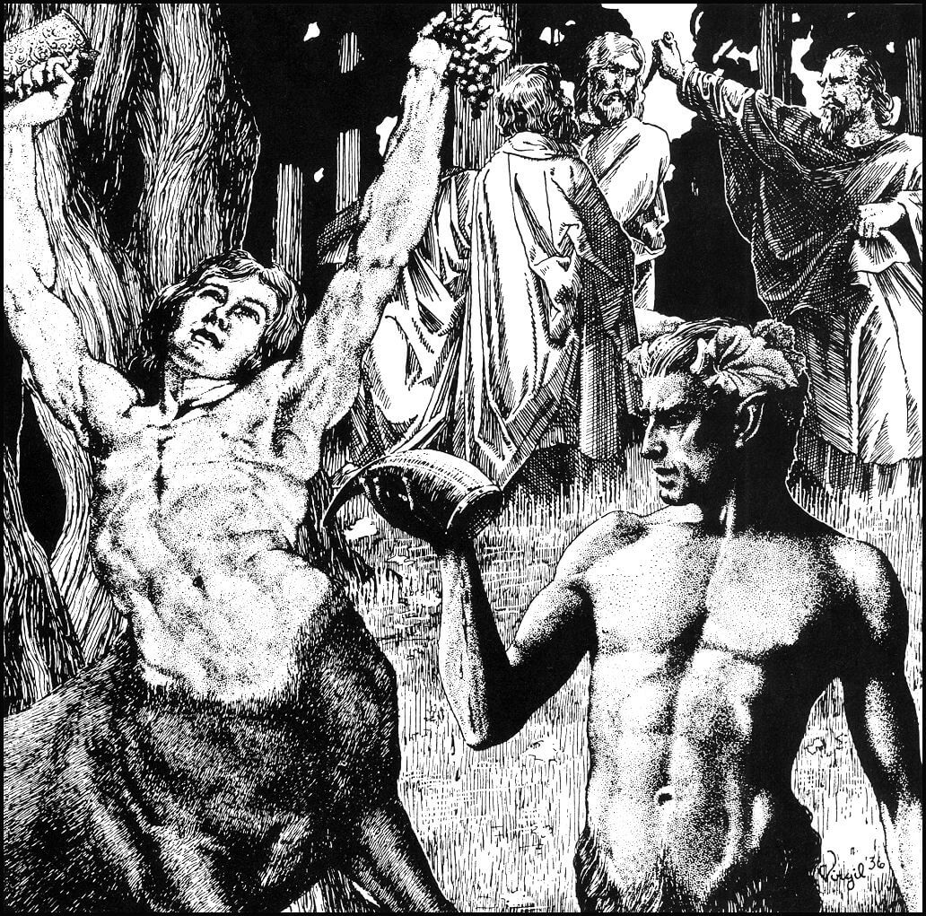 Virgil Finlay for Weird Tales 's visual Art Virgil Finlay, Druidic Doom by Robert Bloch, Weird Tales 36-04. Caption: The bleat of the faun and the shrill scream of the centaur were heard in the land.