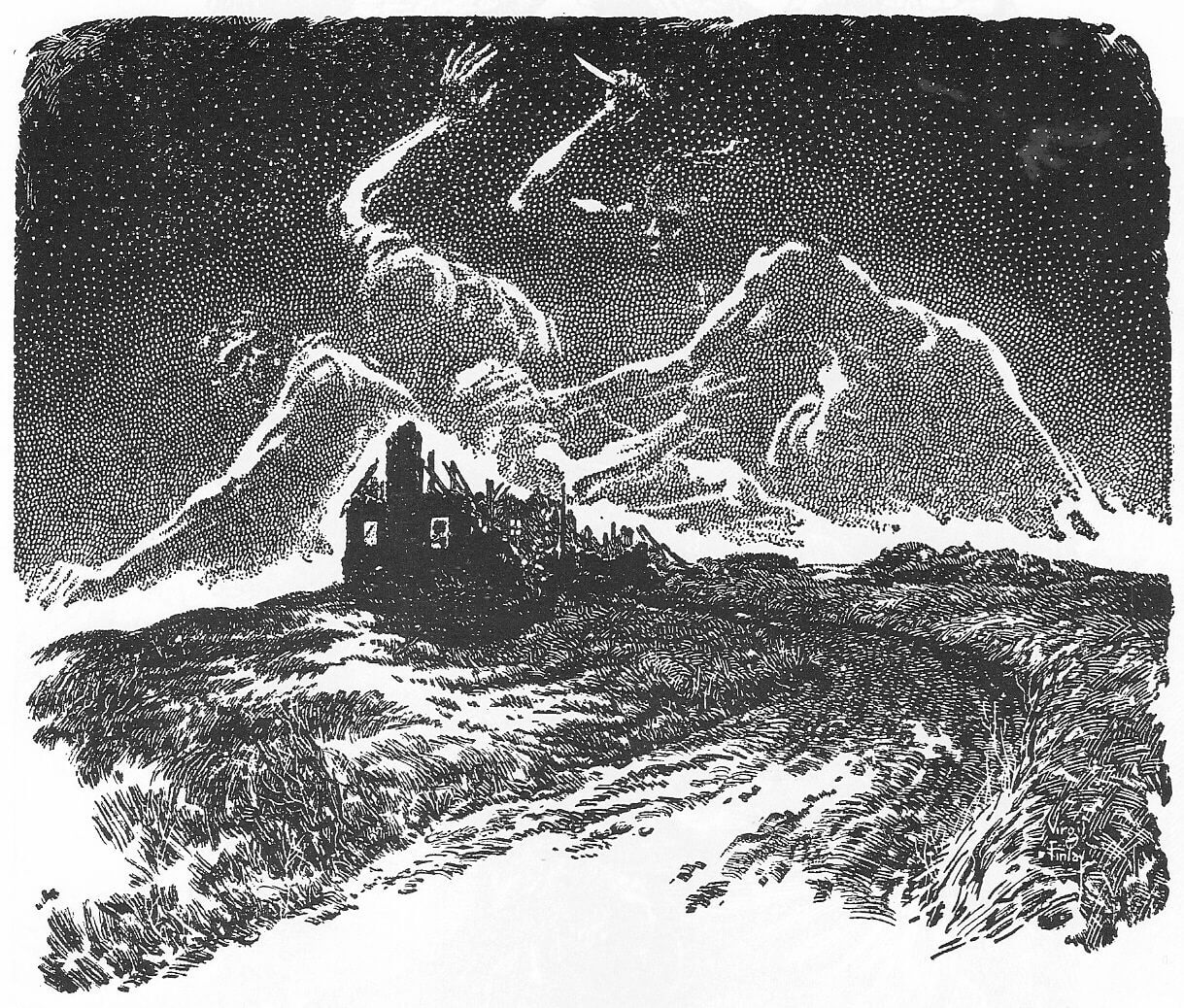 Virgil Finlay for Weird Tales 's visual Art Virgil Finlay, The Night Road by August Derleth Weird Tales 52-05. Caption: It just seemed to come out of the night---that road.
