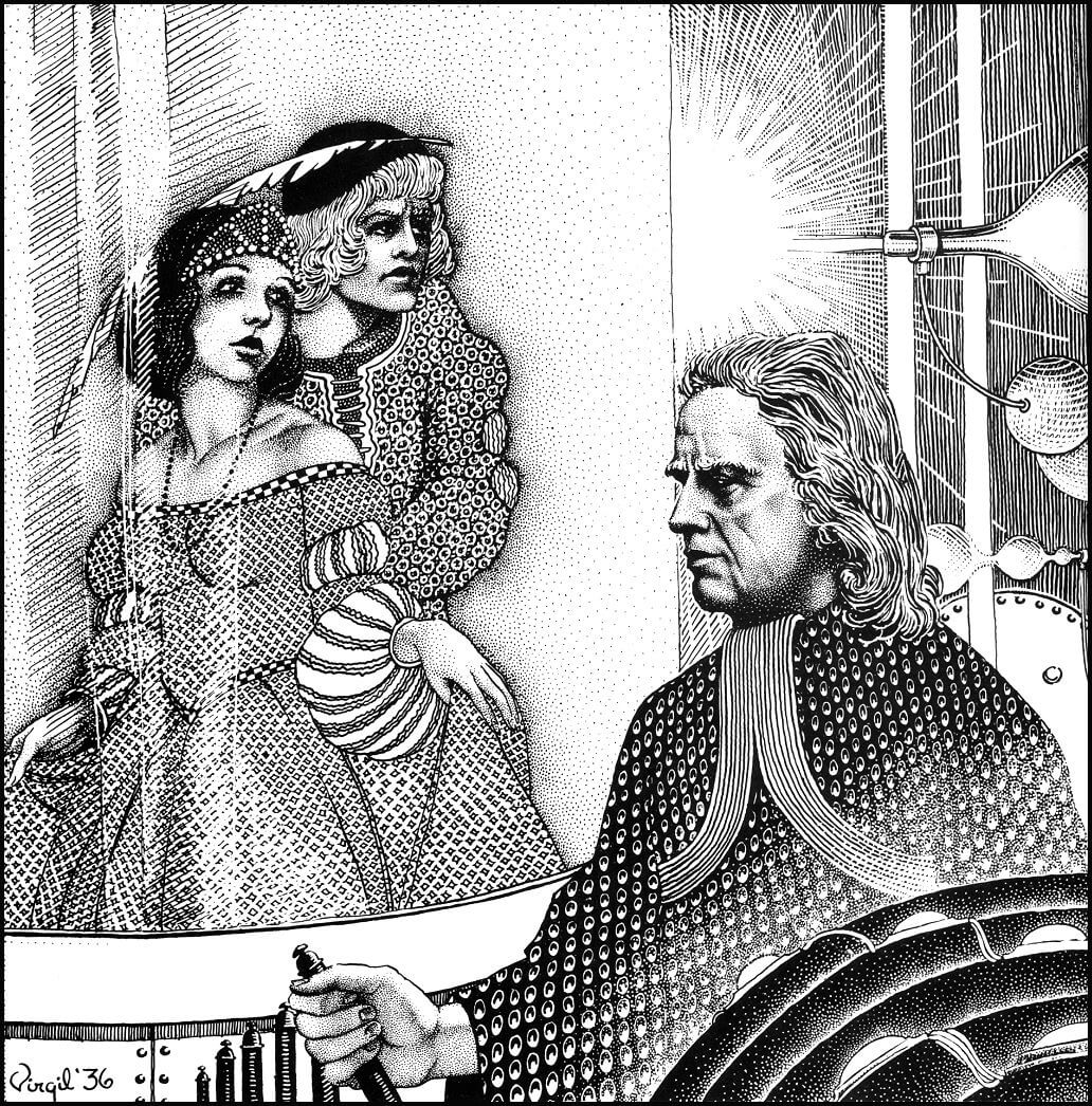 Virgil Finlay for Weird Tales 's visual Art Virgil Finlay, In the World's Dusk by Edmond Hamilton, Weird Tales 36-03. Caption: The brain of Galos Gann had triumphed over time and place.