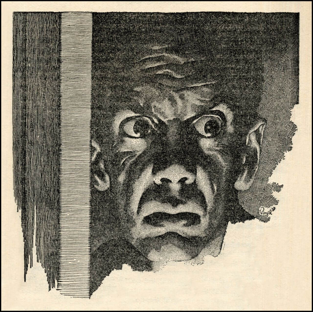 Virgil Finlay for Weird Tales 's visual Art Virgil Finlay, Dread Summons by Paul Ernst, Weird Tales 37-11. Caption: The door moved a little against his hand, moved slightly, eerily.