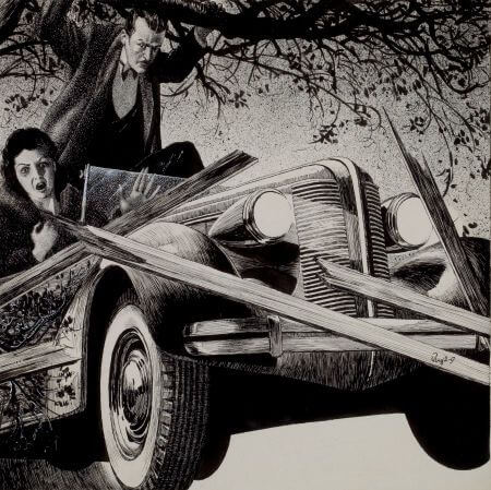 Virgil Finlay for Weird Tales 's visual Art Virgil Finlay, Clicking Red Heels by Paul Ernst, Weird Tales 37-06. Caption: His fingers hooked over the branch and his foot left the clutch.