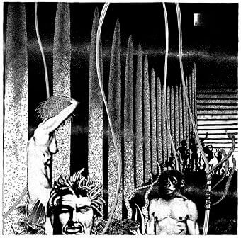 Virgil Finlay for Weird Tales 's visual Art Virgil Finlay, The Thing on the Doorstep by H.P. Lovecraft, Weird Tales 37-01. Caption: The pit of the shoggotha! Down the six thousand steps...abomination of abominations.