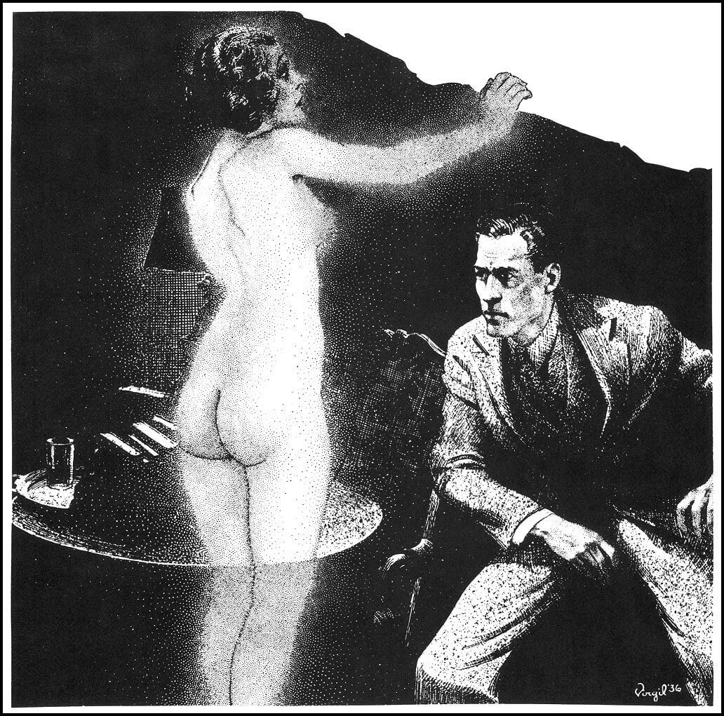Virgil Finlay for Weird Tales 's visual Art Virgil Finlay, The Woman in Room 607 by Thorp McClusky, Weird Tales 37-01. Caption: It was a column of fog, yet it lived and had mass and weight. Blurb: A strange, weird story about a woman who clung too closely to life---a tale about the morbid horror that flowed out from under the door of that room in the Hotel Northrup.