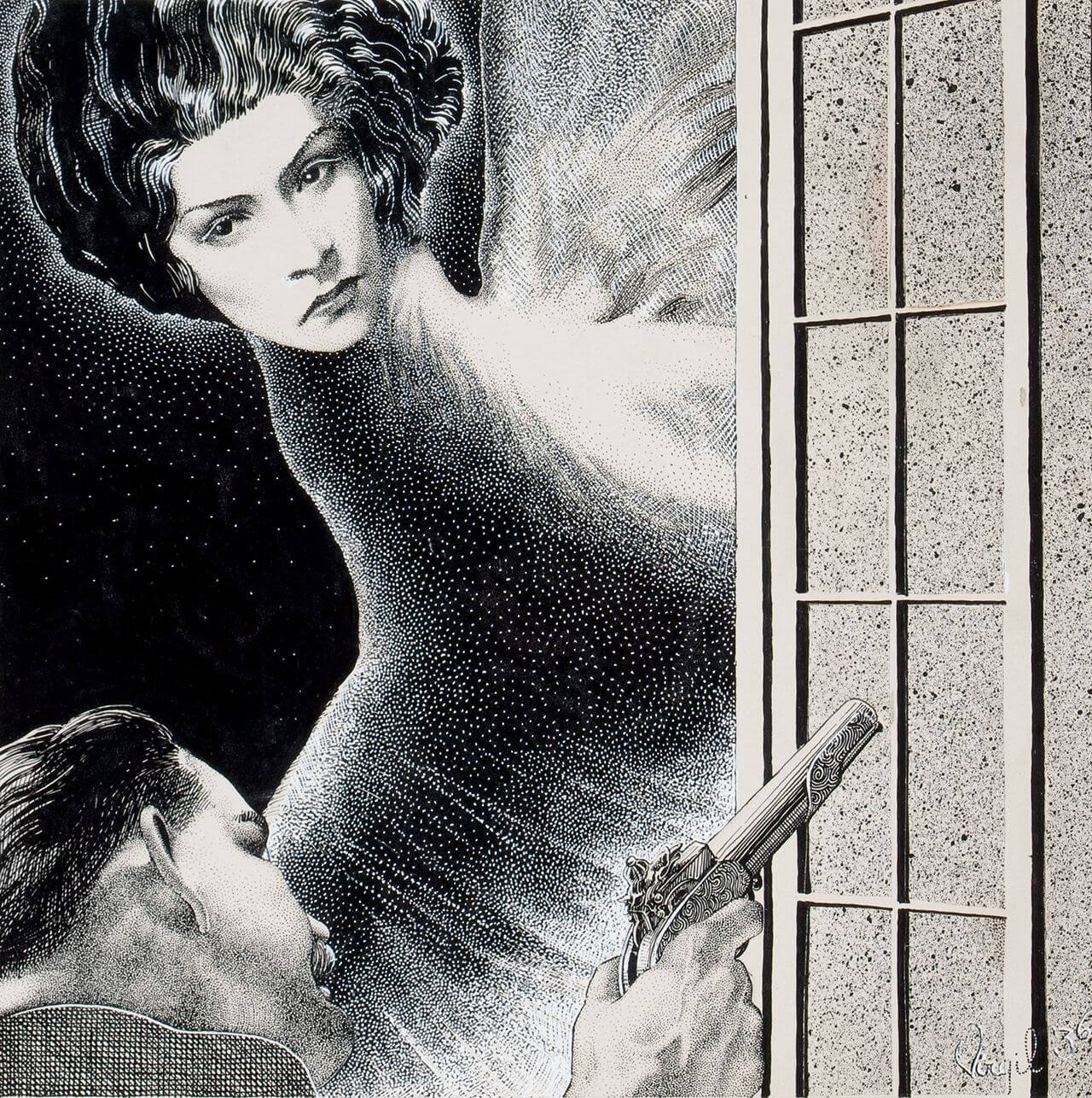 Virgil Finlay for Weird Tales 's visual Art Virgil Finlay, The Face in the Wind by Carl Jacobi, Weird Tales 36-04. Caption: He pushed the hammer to full cock, and leaped back to the window. Pen and ink on board. 7.75 x 7.75 in.