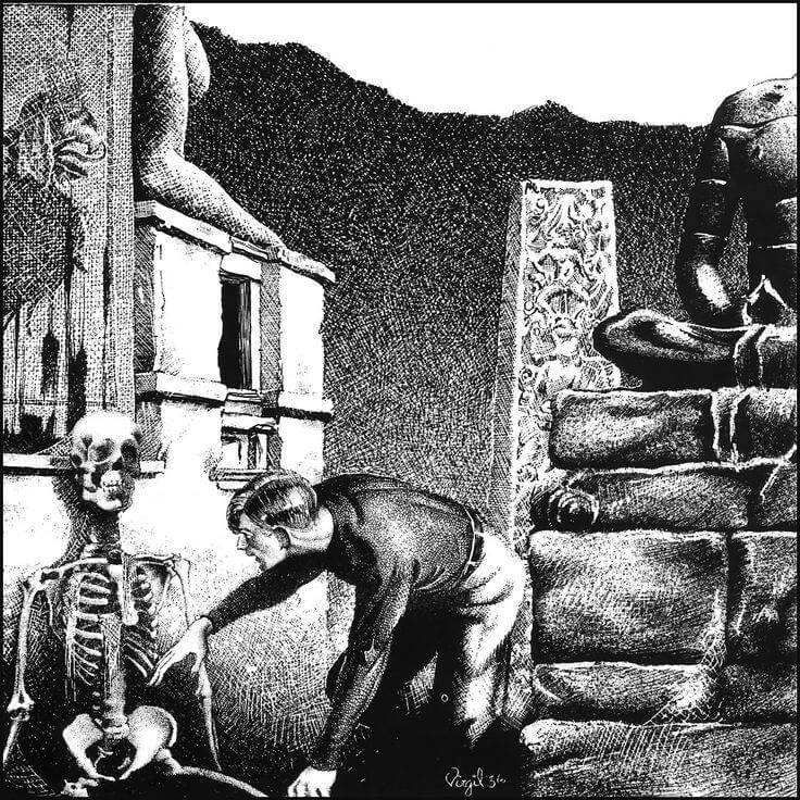 Virgil Finlay for Weird Tales 's visual Art Virgil Finlay, The Haunter of the Dark by HPL, Weird Tales 36-12. Caption: He had come to the deserted edifice in search of a newspaper sensation.