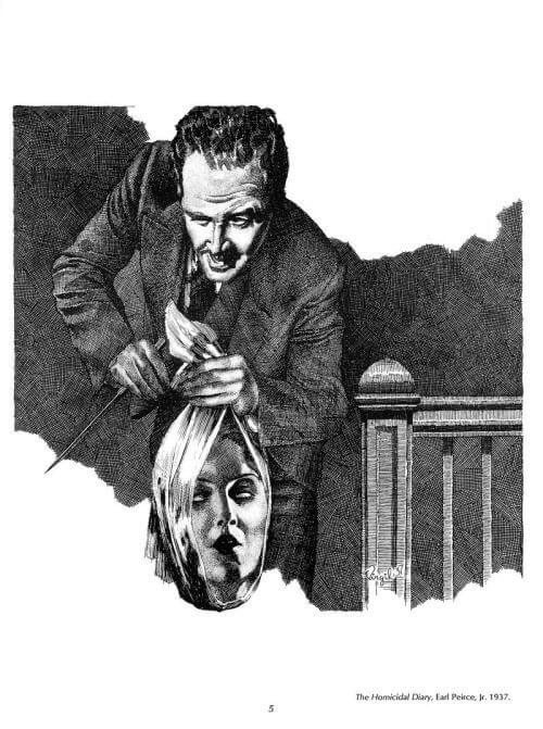 Virgil Finlay for Weird Tales 's visual Art Virgil Finlay, The Homicidal Diary by Earl Peirce, Jr. Weird Tales 37-10. Caption: 