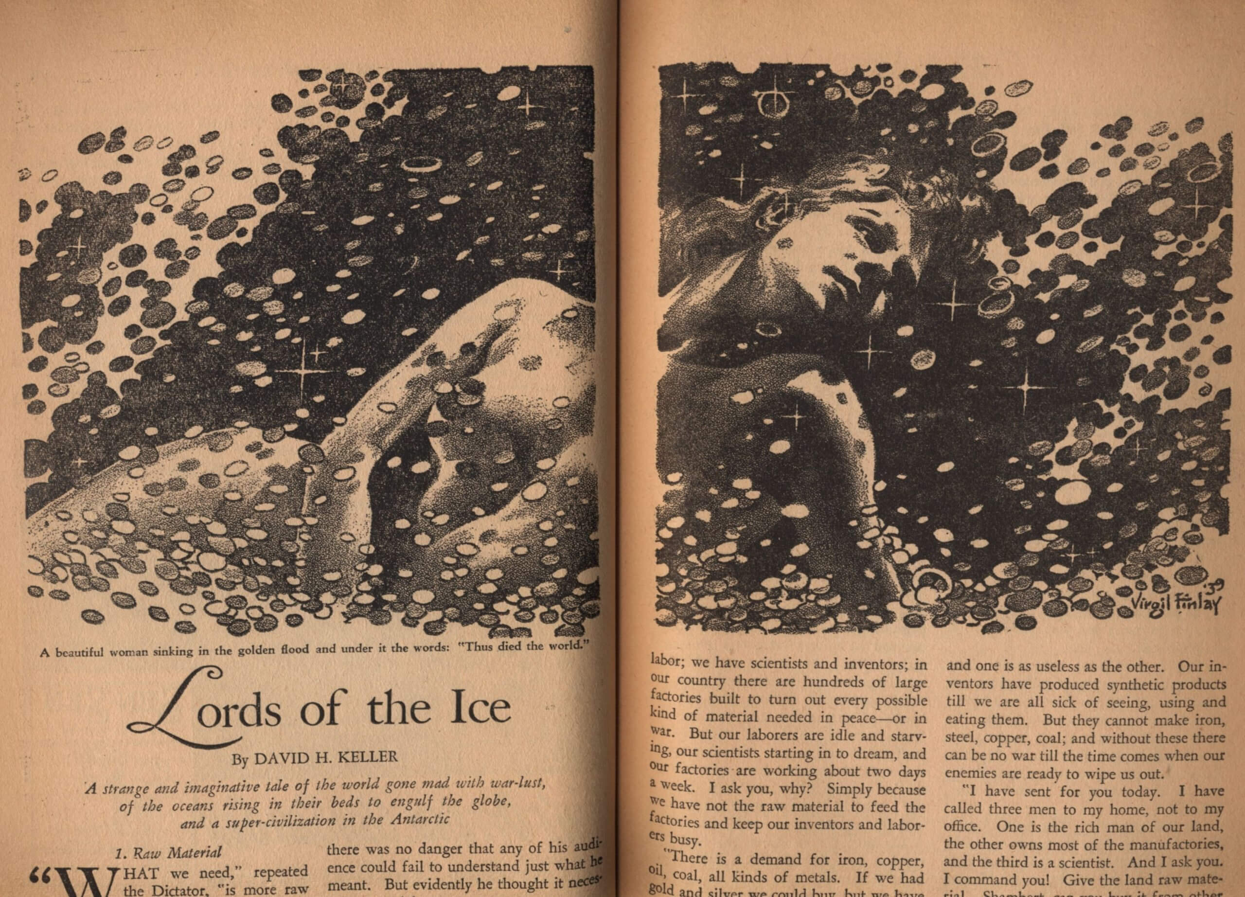 Virgil Finlay for Weird Tales 's visual Art Virgil Finlay, Lords of the Ice by David H. Keller, Weird Tales 39-12, P.30-31.