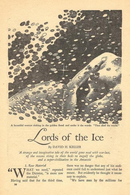 Virgil Finlay for Weird Tales 's visual Art Virgil Finlay, Lords of the Ice by David H. Keller, Weird_Tales 39-12, p.30.