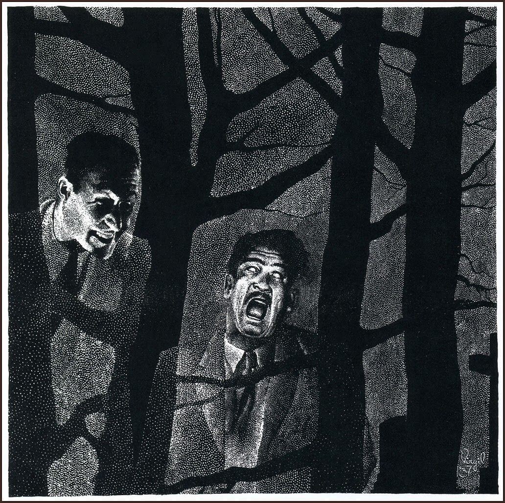 Virgil Finlay for Weird Tales 's visual Art Virgil Finlay, The Horror in the Burying-Ground by Hazel Heald, Weird Tales 37-05. Caption: 