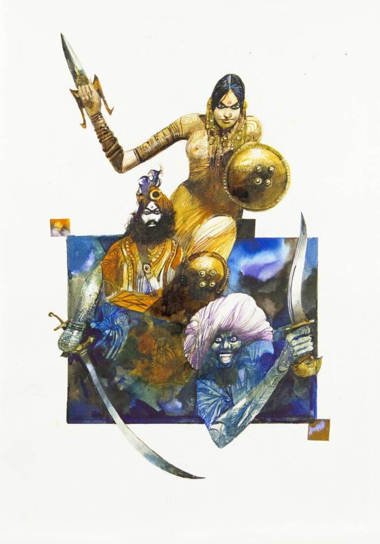 Sergio Toppi's visual Art Indoasiatiche, 2010  Grande illustrazione originale utilizzata come copertina del volume Indoasiatiche, edito dalle Edizioni San Paolo nel sesto numero della collana “Sulle rotte dell’immaginario”