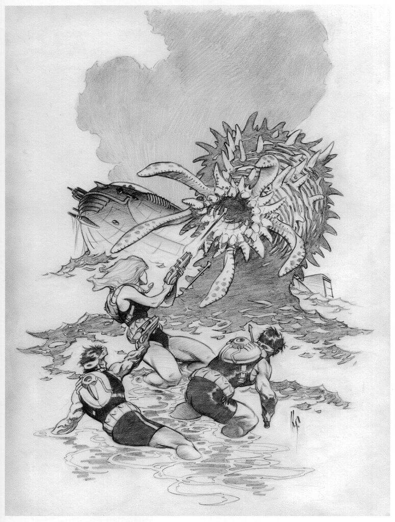 Mark Schultz's visual Art Krill Stromer & Storm Force 10 battle a complex marine ecosystem critter. Art by Mark Schultz