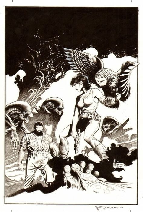 Mark Schultz's visual Art Mark Schultz, cover art for Mark Schultz, Aliens Apocalypse: The Destroying Angels 2/4, 1998.