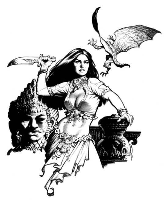 Mark Schultz's visual Art Mark Schultz, Middle Eastern fantasy: WonderFest convention T-shirt design, Various Drawings Vol. 1, p.33.