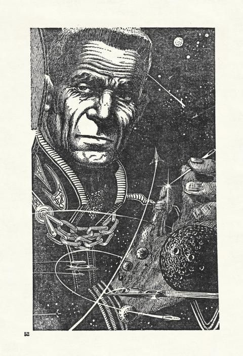 Two Complete Science-Adventure Books's Covers Art Kelly Freas, Ballroom of the Skies by John D. MacDonald, Two Complete Science-Adventure Books 53-Winter, p.53.