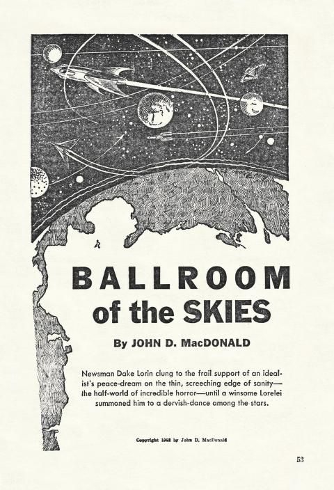Two Complete Science-Adventure Books's Covers Art Kelly Freas, Ballroom of the Skies by John D. MacDonald, Two Complete Science-Adventure Books 53-Winter, p.54.