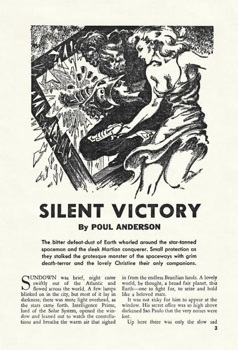 Two Complete Science-Adventure Books's Covers Art Kelly Freas, Silent Victory by Poul Anderson, Two Complete Science-Adventure Books 53-Winter, p.4.