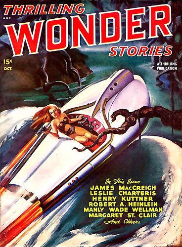 Thrilling Wonder Stories Covers Art Earle Bergey, TWS 47-10, illustrating Donovan Had a Dream by James MacCreigh (Frederik Pohl. Nice rocket boat! Contains Exit the Professor (Hogben series) by Henry Kuttner.