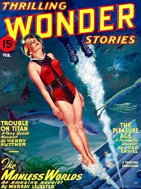 Thrilling Wonder Stories Covers Art Earle Bergey, TWS 47-02. Beware of the bends! The thing with pincers looks a lot like yohoia, a Cambrian lifeform found in the Burgess shale, but the cover illustrates Trouble on Titan by Henry Kuttner.