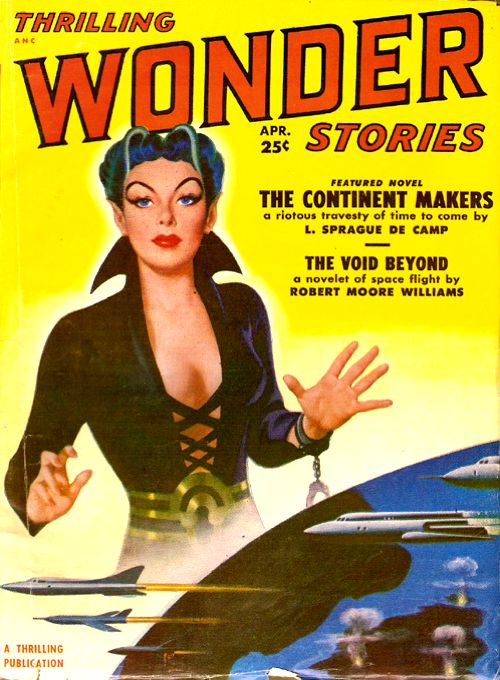 Thrilling Wonder Stories Covers Art Earle Bergey, TWS 51-04, The Continent Makers, one of de Camp's Viagens Interplanetarias stories and the title story of a de Camp collection.