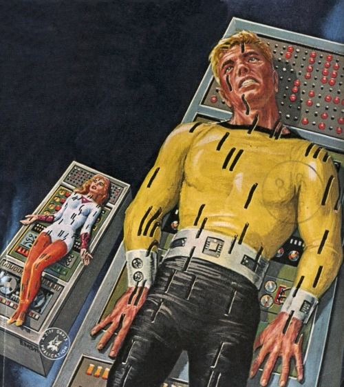 Ed Emshwiller's visual Art Emsh, Amazing Stories 63-06, The Programmed People by Jack Sharkey. Back in the days of  punch cards and giant-size computers.
