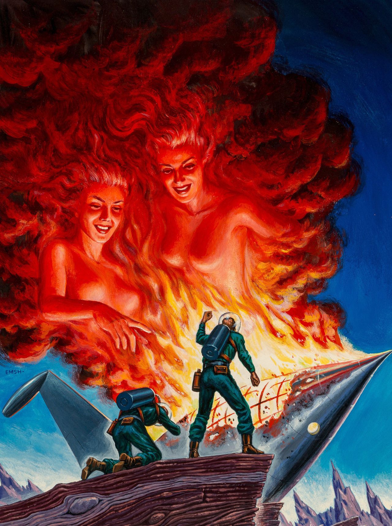 Ed Emshwiller's visual Art Emsh, The Spiral of the Ages by Fletcher Pratt, Startling Stories 1954-Summer.