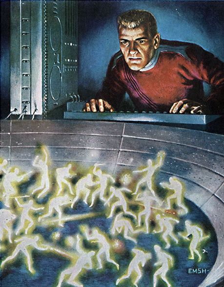 Ed Emshwiller's visual Art Emsh, Gladiator-in-Law by Frederik Pohl and C.M. Kornbluth, Part 1/3, Galaxy 54-06.