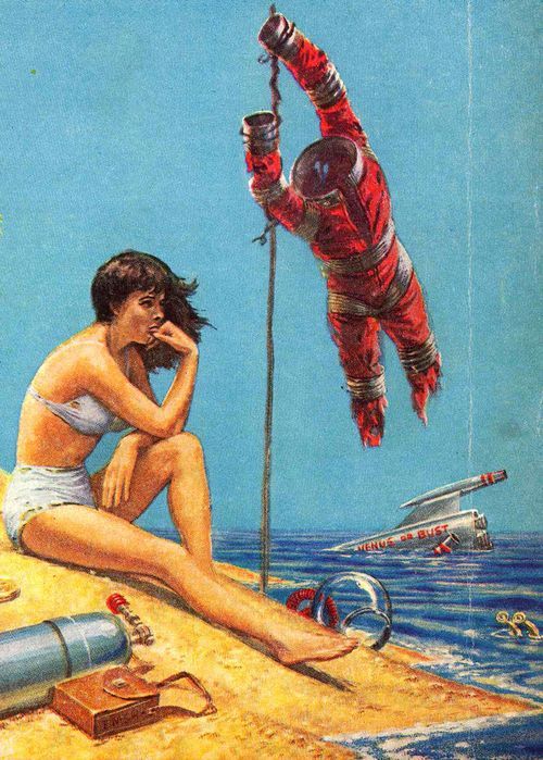 Ed Emshwiller's visual Art Emsh, Venus or Bust, Galaxy 60-04. This is probably a cut-up front cover with a cease on the right.