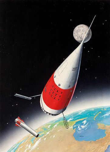 Ed Emshwiller's visual Art Emsh, Satellite SF 56-10, first issue. This is a year before the Russians launched Sputnik, the first artificial satellite, October 1957.