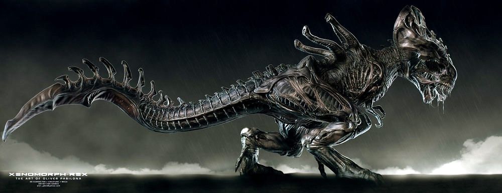 Stjepan Šejić's visual Art Alien Xenomorph T-Rex hybrid dinosaur design by Stjepan Šejić, and remade in 3D by artist Oliver Pabilona.