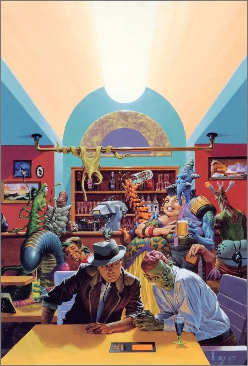 Richard Hescox's visual Art Richard Hescox, Deep Quarry by John E. Stith. The picture above the bar all the way to the left is a Dune sandworm.