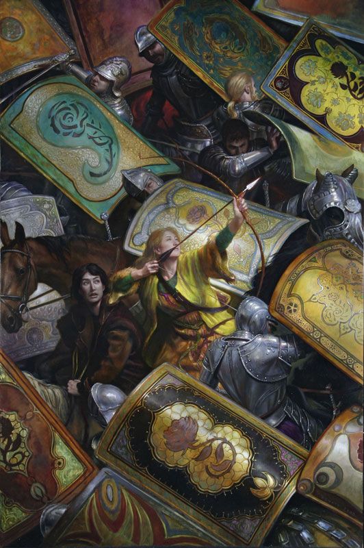 Donato Giancola's visual Art Donato Giancola typically works with fantasy or sci fi subject matter, but references classical artists to ground his sense of realism. The postures and color here are reminiscent in classic scenes of Greek and Roman battles.