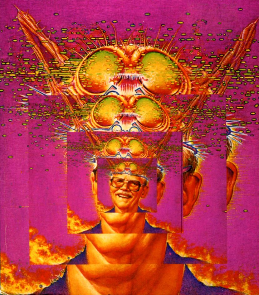 Don Maitz's visual Art Don Maitz, Demon In The Skull by Frederik Pohl, 1984. That's the author's portrait in the center.