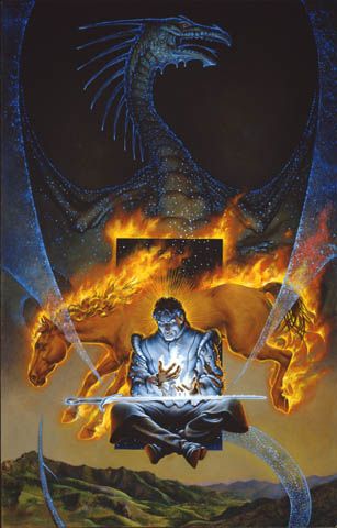 Don Maitz's visual Art SWORD AND DRAGON 25' x 16'     Oil on Masonite     ©2000 Don Magical powers come into play as the heroic wizard places his meditative concentration into the sword which gathers a dragon’s power into manifesting a magical steed.