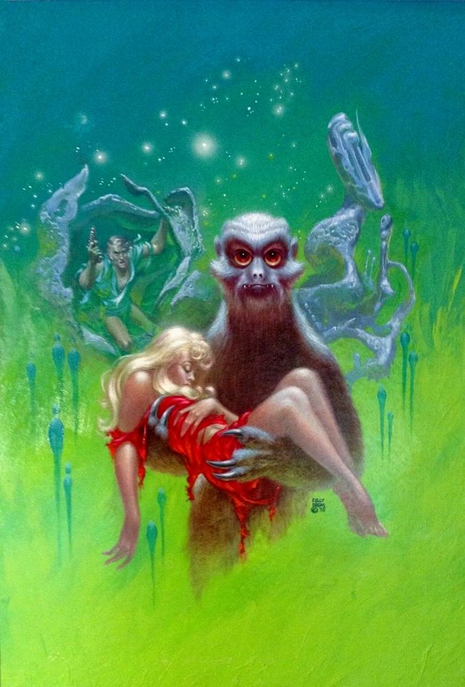 Kelly Freas's visual Art Kelly Freas, Crash Landing on Iduna by Arthur Tofte, 1975, the head shot in the lower right of the pb cover was added later as an overlay during production.