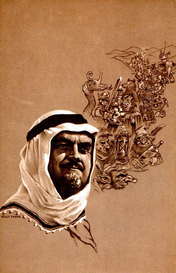 Kelly Freas's visual Art Kelly Freas, cover of the Tricon Program Book, 24th World Science Fiction Convention, Cleveland, 1966. Guest of Honor L. Sprague de Camp is shown in a burnoose.