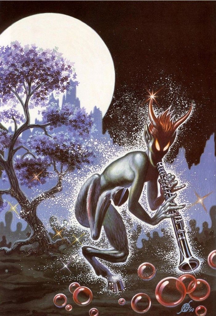 Kelly Freas's visual Art Kelly Freas, The Piper, Weird Tales 50-11, his first cover for WT. However, it was re-used for WT 90-Fall making it also his last cover for WT. This is the final version but there are only minor background variations from the first.