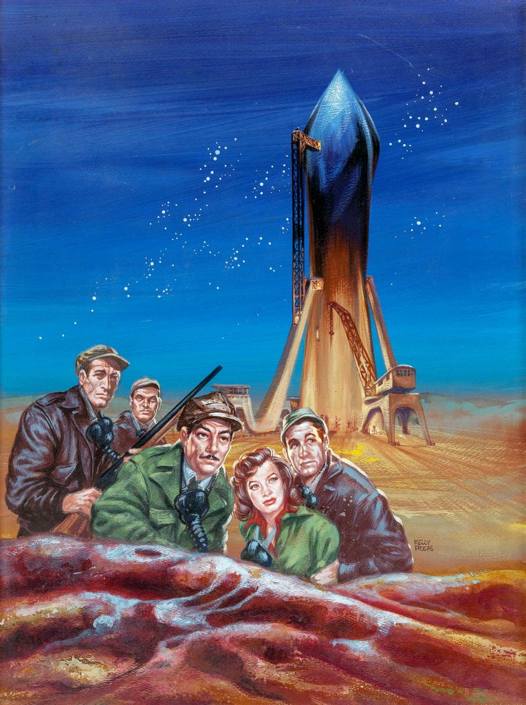 Kelly Freas's visual Art Kelly Freas, Destructacon Moon. The title suggests that this painting was created for an SF con somewhere. I suspect that the faces belong to the con's pro guests. I don't recognize any of them except the guy in the middle may be a young Robert A. Heinlein. (See Freas' portrait of an aged Heinlein elsewhere on this board.) Acrylic on board. 21 x 15.5 in.