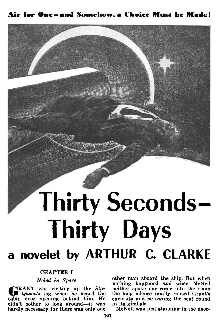 Virgil Finlay's visual Art Virgil Finlay, Thirty Seconds - Thirty Days (right side) by Arthur C. Clarke, Thrilling Wonder Stories 49-12, p.107.