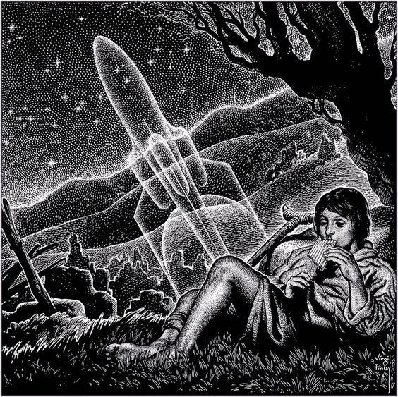 Virgil Finlay's visual Art Virgil Finlay, The Sound of Willow Pipes by Wilbur S. Peacock, Startling Stories 54-Spring, p.87. Blurb: Rog held a key to the past which opened a door to the future.