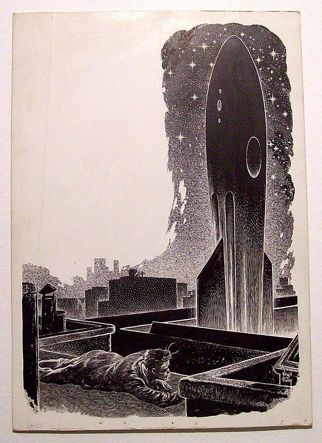 Virgil Finlay's visual Art Virgil Finlay, Slan by A.E. van Vogt, Fantastic Story Magazine 52-Summer, p.25. Caption: A dim torpedo-like shape leaped toward the star-filled sky.