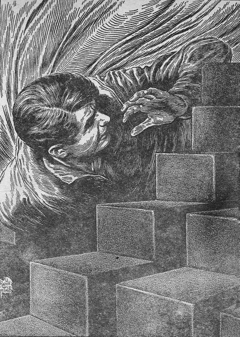 Virgil Finlay's visual Art Virgil Finlay, A Ticket To Zenner by C.C. MacApp, If 67-07, p.87. The signature in the lower left shows that, intentionally or unintentionally, the illustration was flipped versus the original orientation.